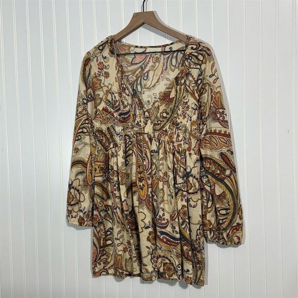 Melloday Boho Paisley Mini Dress XL Beige Multicolor Flowy Tunic 70s  Festival - Picture 1 of 10